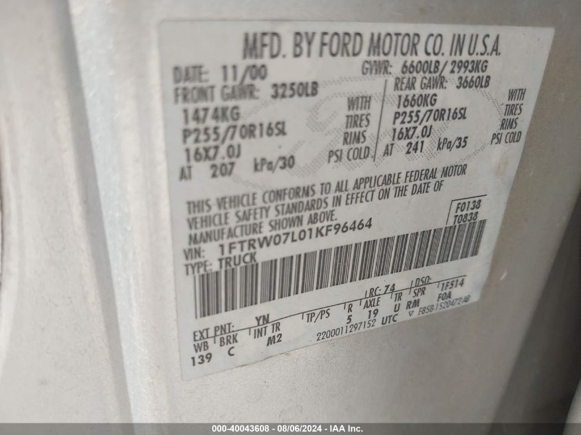 2001 Ford F-150 Harley-Davidson Edition/King Ranch Edition/Lariat/Xlt VIN: 1FTRW07L01KF96464 Lot: 40043608