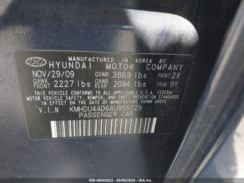 2010 Hyundai Elantra Blue/Gls/Se VIN: KMHDU4AD6AU955129 Lot: 40043622