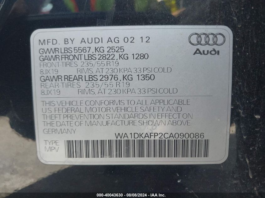 2012 Audi Q5 Premium Plus VIN: WA1DKAFP2CA090086 Lot: 40043630