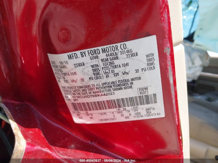 2011 Ford Escape Xlt VIN: 1FMCU0D76BKA42023 Lot: 40043637