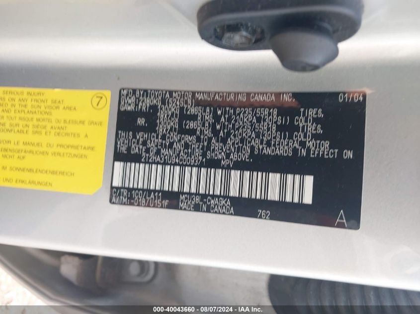 2004 Lexus Rx 330 VIN: 2T2HA31U94C009371 Lot: 40043660