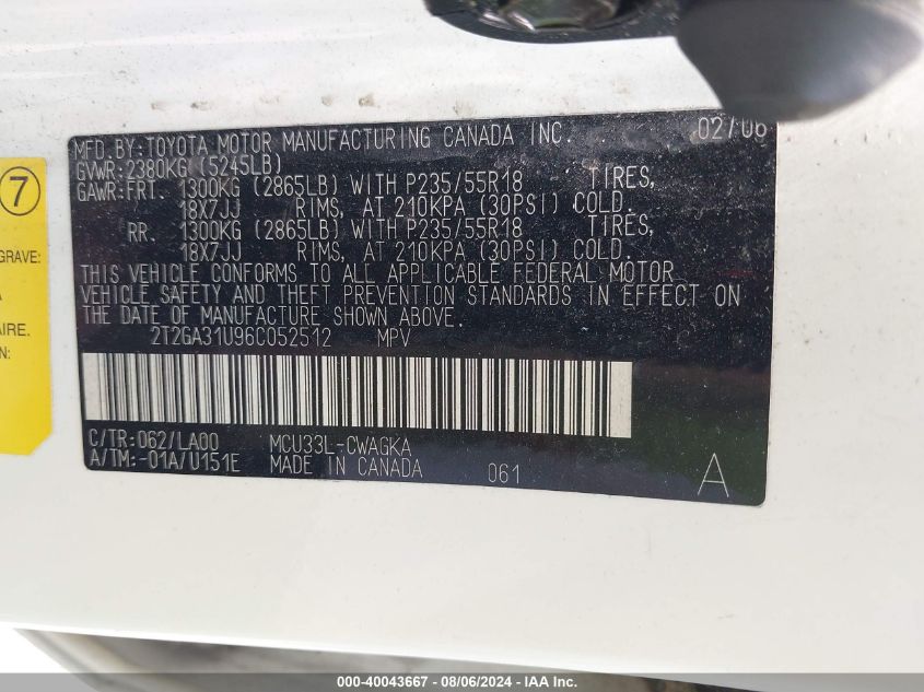 2006 Lexus Rx 330 VIN: 2T2GA31U96C052512 Lot: 40043667