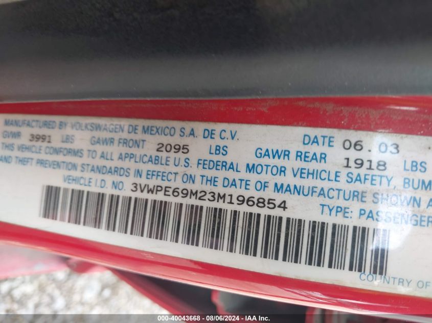 2003 Volkswagen Jetta Wolfsburg Edition VIN: 3VWPE69M23M196854 Lot: 40043668