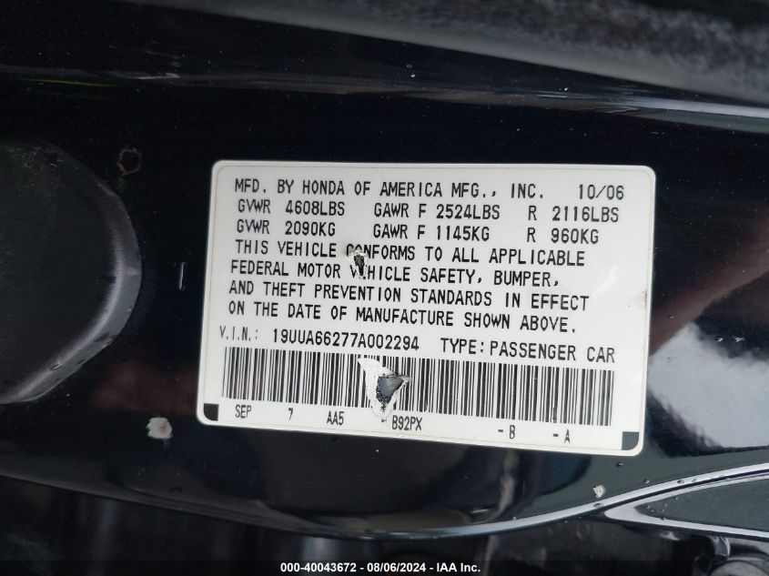 2007 Acura Tl 3.2 VIN: 19UUA66277A002294 Lot: 40043672