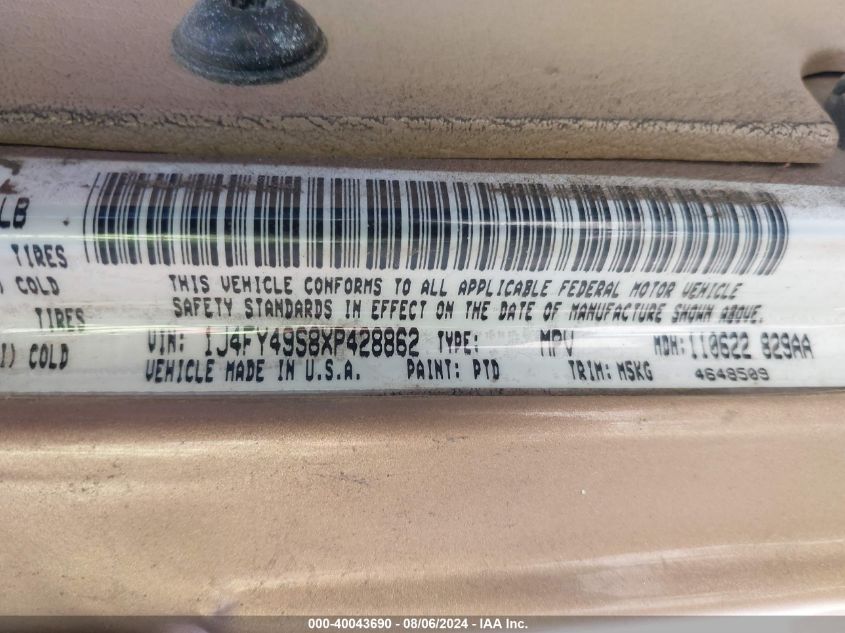 1999 Jeep Wrangler Sahara VIN: 1J4FY49S8XP428862 Lot: 40043690