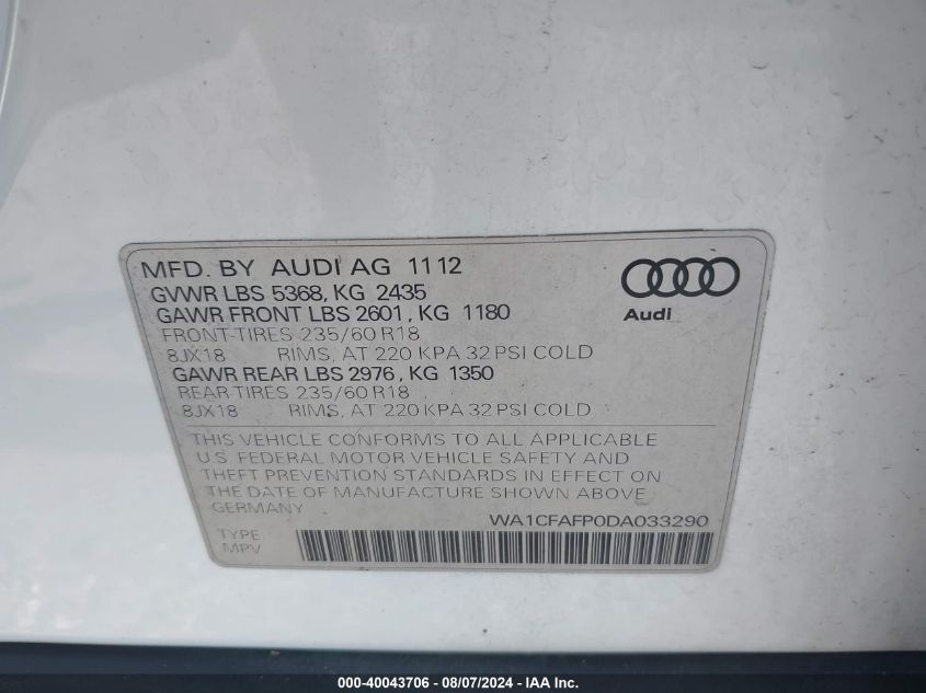 2013 Audi Q5 2.0T Premium VIN: WA1CFAFP0DA033290 Lot: 40043706