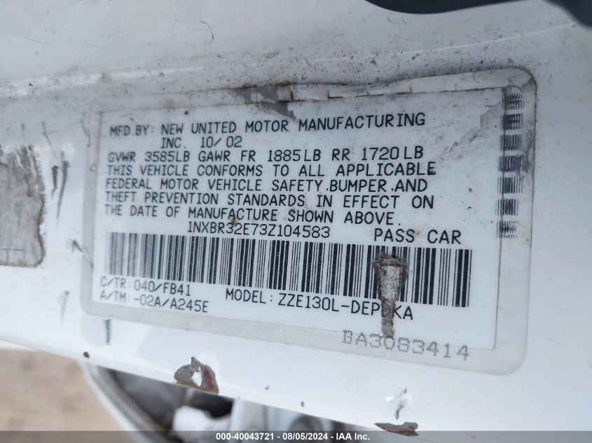 2003 Toyota Corolla Ce VIN: 1NXBR32E73Z104583 Lot: 40043721