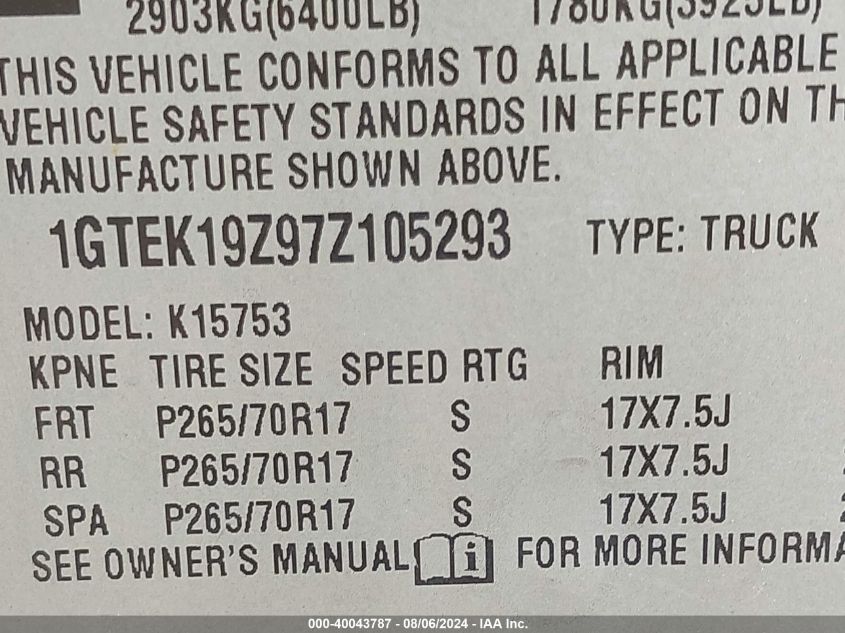2007 GMC Sierra 1500 Classic Sle1 VIN: 1GTEK19Z97Z105293 Lot: 40043787