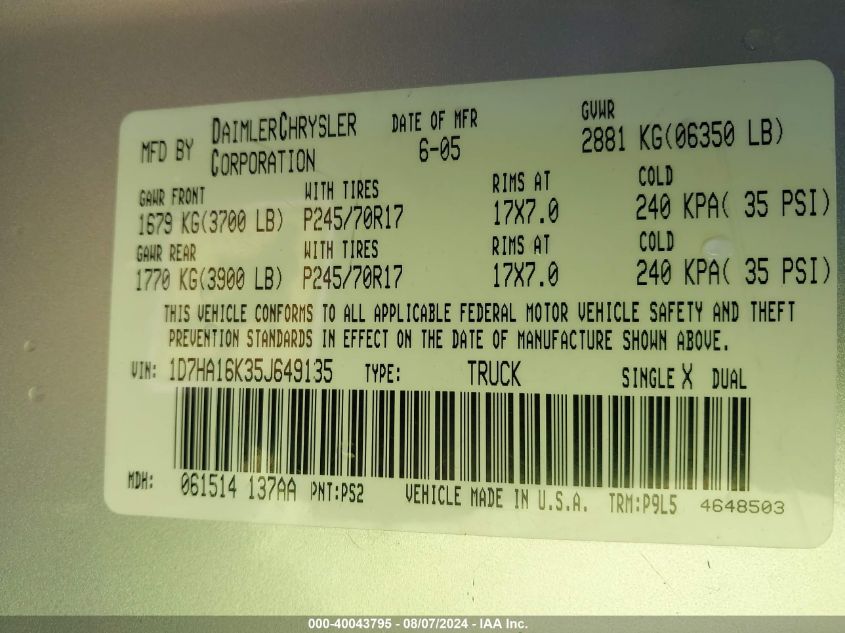 2005 Dodge Ram 1500 St VIN: 1D7HA16K35J649135 Lot: 40043795