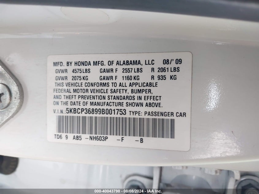 2009 Honda Accord 3.5 Ex-L VIN: 5KBCP36899B001753 Lot: 40043798