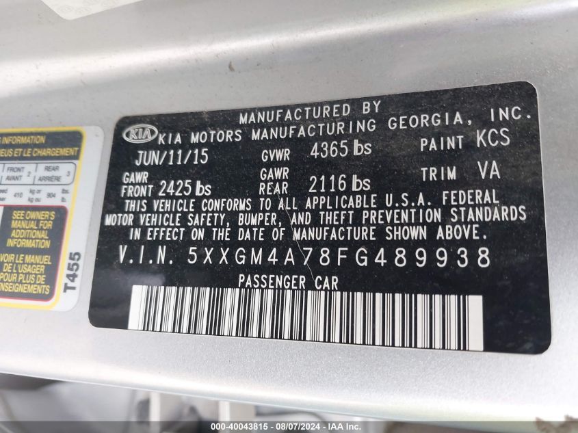 2015 KIA OPTIMA LX - 5XXGM4A78FG489938