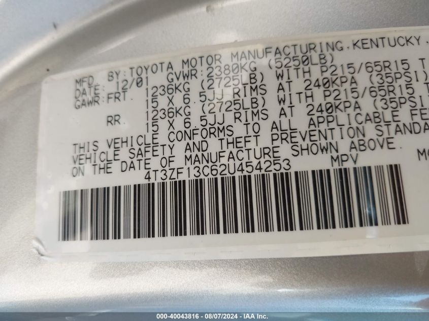 2002 Toyota Sienna Le VIN: 4T3ZF13C62U454253 Lot: 40043816