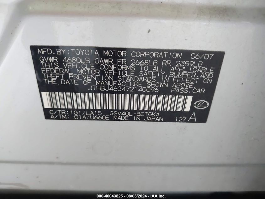 2007 Lexus Es 350 VIN: JTHBJ46G472140096 Lot: 40043825