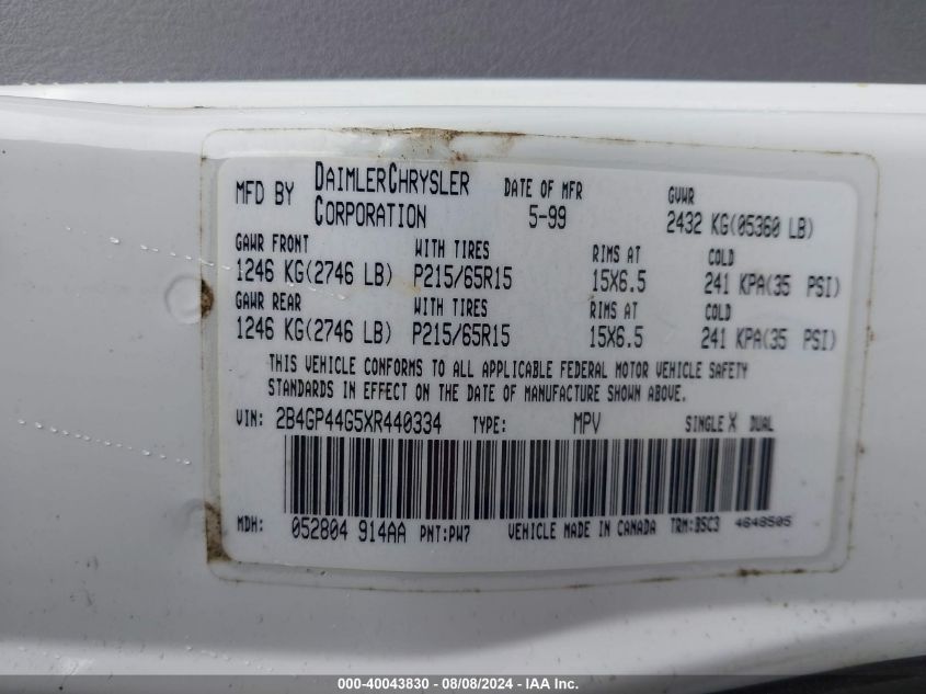 1999 Dodge Grand Caravan Se VIN: 2B4GP44G5XR440334 Lot: 40043830