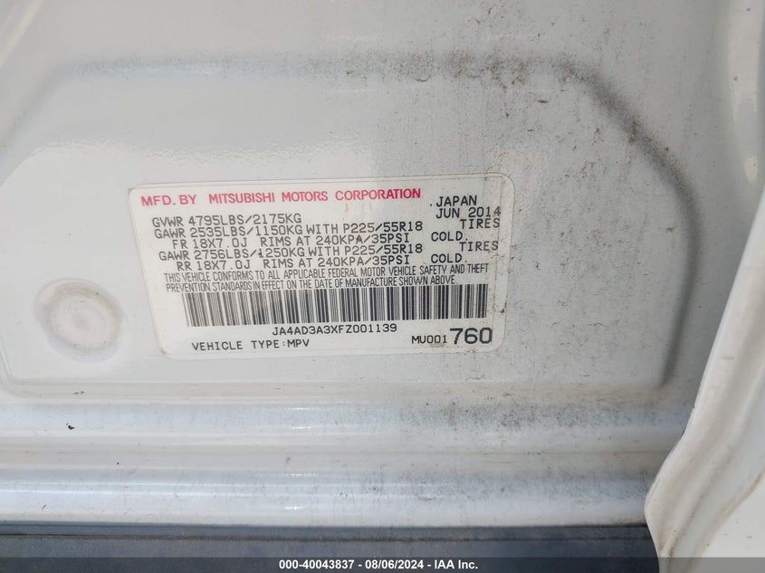 2015 Mitsubishi Outlander Se VIN: JA4AD3A3XFZ001139 Lot: 40043837