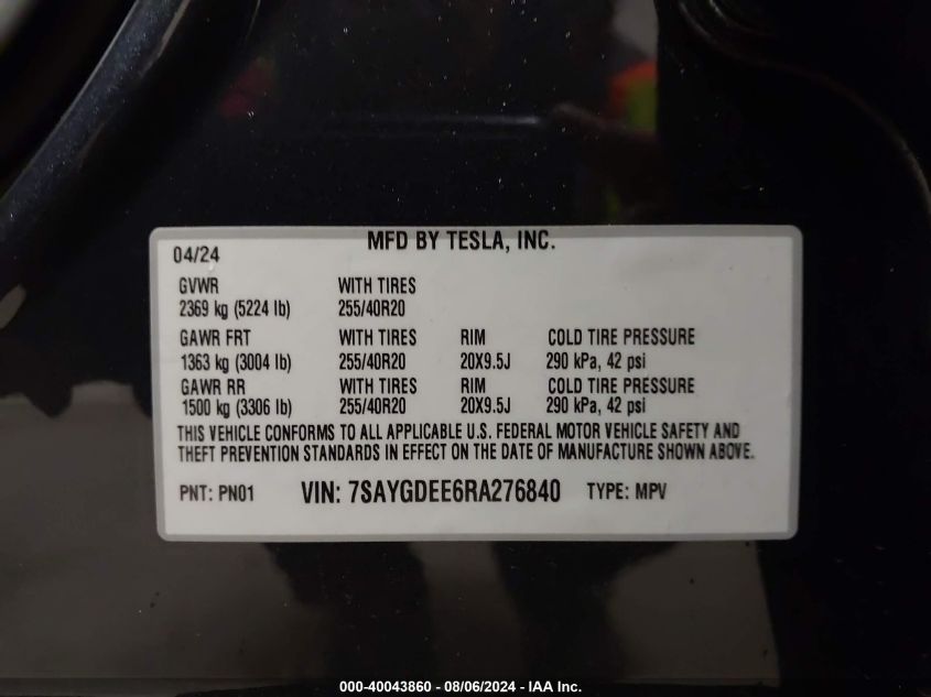 2024 TESLA MODEL Y LONG RANGE DUAL MOTOR ALL-WHEEL DRIVE - 7SAYGDEE6RA276840