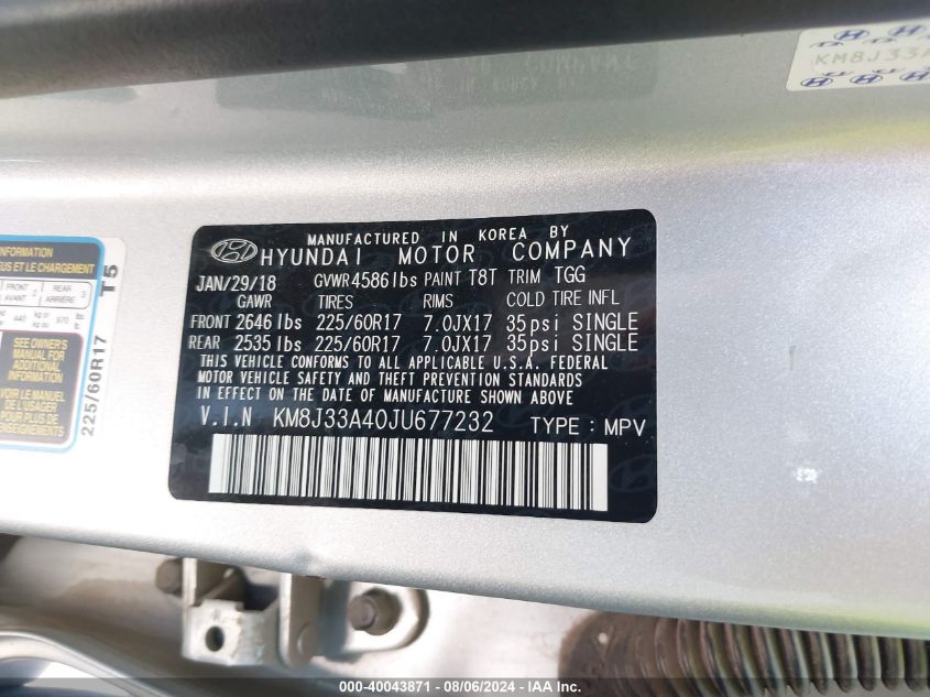 2018 Hyundai Tucson Sel VIN: KM8J33A40JU677232 Lot: 40043871