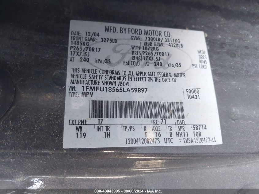 2005 Ford Expedition Eddie Bauer/King Ranch VIN: 1FMFU18565LA59897 Lot: 40043905