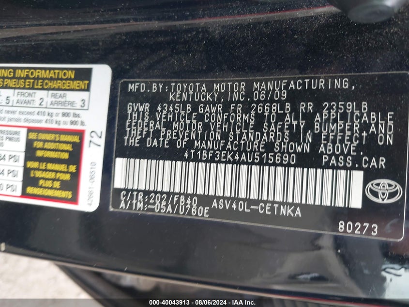 2010 Toyota Camry Le VIN: 4T1BF3EK4AU515690 Lot: 40043913