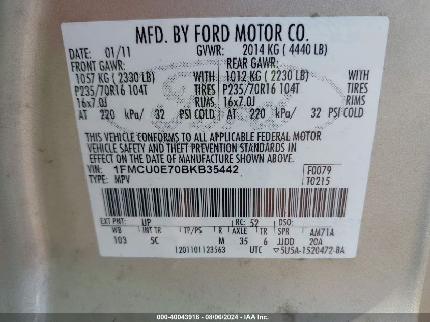 2011 Ford Escape Limited VIN: 1FMCU0E70BKB35442 Lot: 40043918