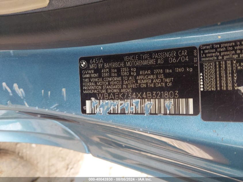 2004 BMW 645Ci VIN: WBAEK734X4B321803 Lot: 40043930