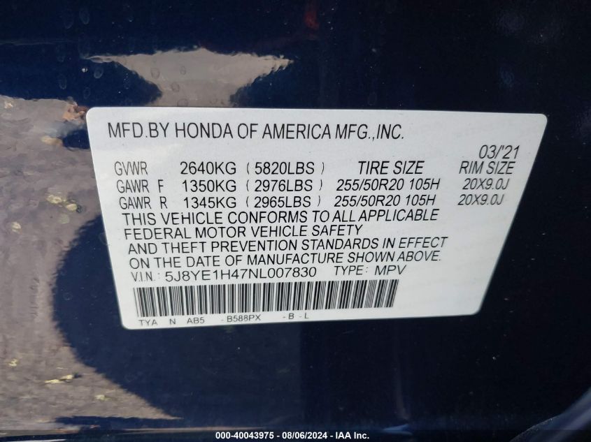 2022 Acura Mdx Technology Package VIN: 5J8YE1H47NL007830 Lot: 40043975