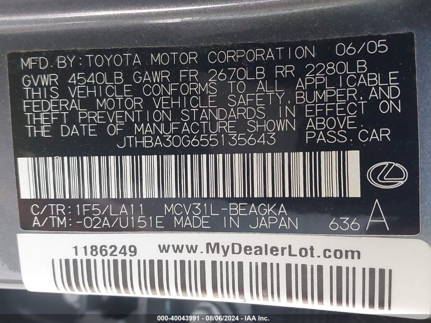 2005 Lexus Es 330 330 VIN: JTHBA30G655135643 Lot: 40043991