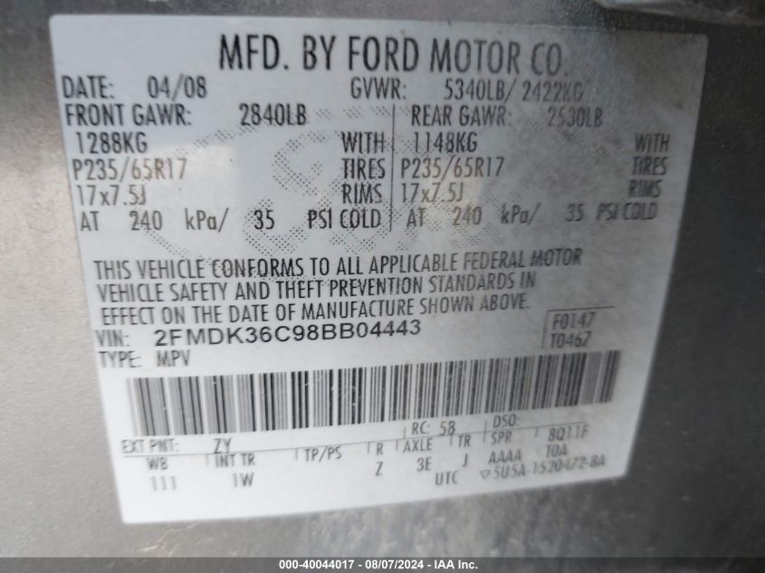 2008 Ford Edge Se VIN: 2FMDK36C98BB04443 Lot: 40044017