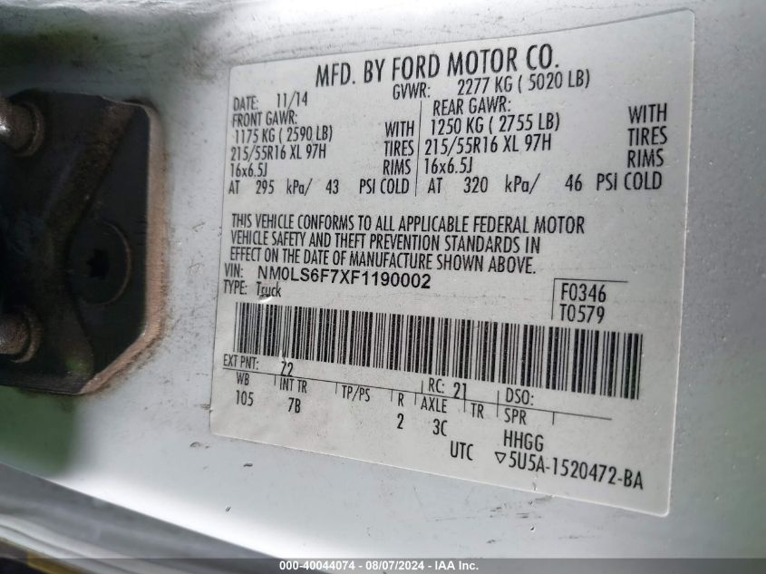 2015 Ford Transit Connect Xlt VIN: NM0LS6F7XF1190002 Lot: 40044074