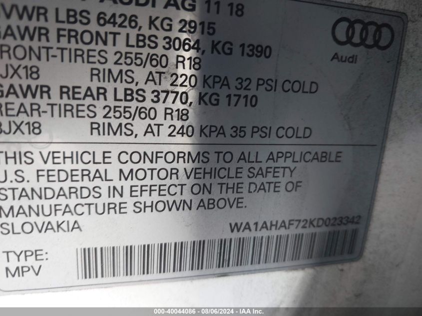 WA1AHAF72KD023342 2019 Audi Q7 Premium