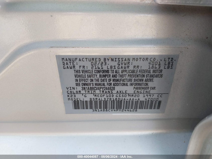 2023 Nissan Sentra Sv Xtronic Cvt VIN: 3N1AB8CV4PY244628 Lot: 40044087