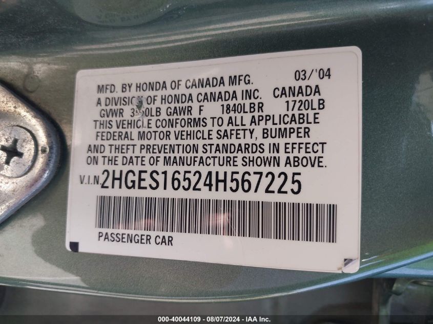 2004 Honda Civic Lx VIN: 2HGES16524H567225 Lot: 40044109