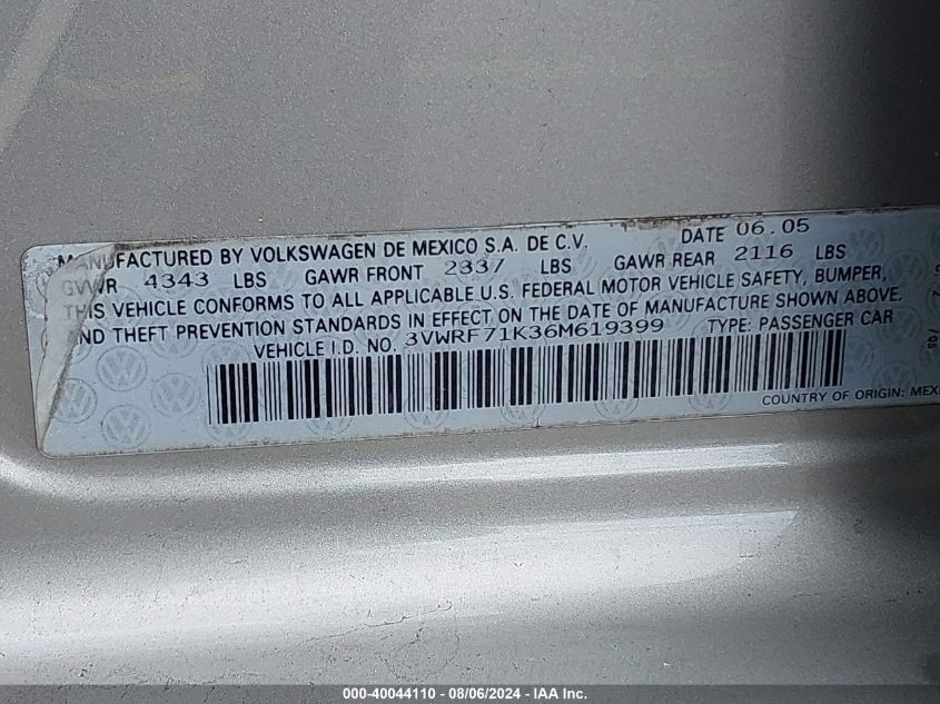 2006 Volkswagen Jetta 2.5 VIN: 3VWRF71K36M619399 Lot: 40044110