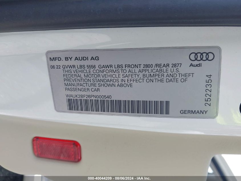 2023 Audi A6 Premium 55 Tfsi Quattro S Tronic VIN: WAUK2BF26PN000540 Lot: 40044209