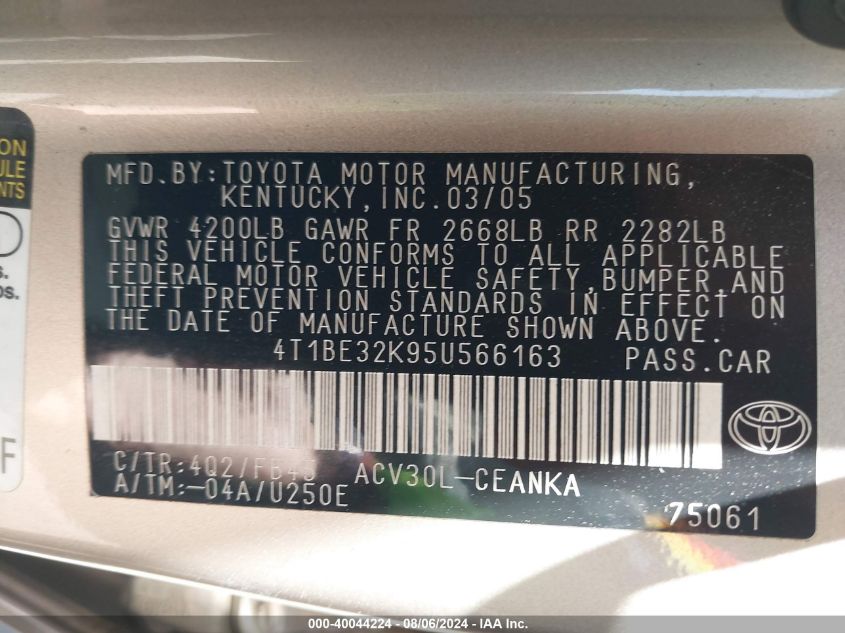 2005 Toyota Camry Le VIN: 4T1BE32K95U566163 Lot: 40044224