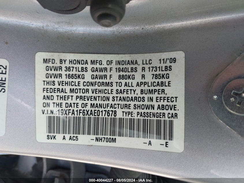 2010 Honda Civic Lx-S VIN: 19XFA1F6XAE017678 Lot: 40044227