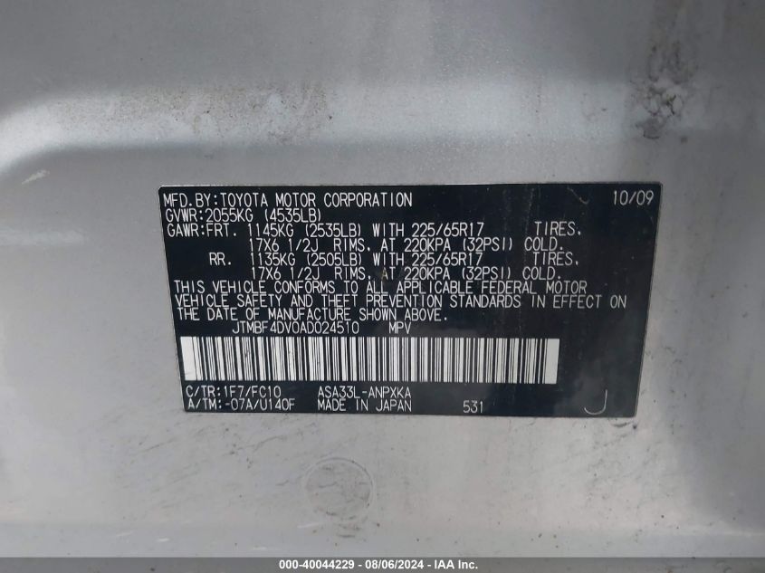 2010 Toyota Rav4 VIN: JTMBF4DV0AD024510 Lot: 40044229