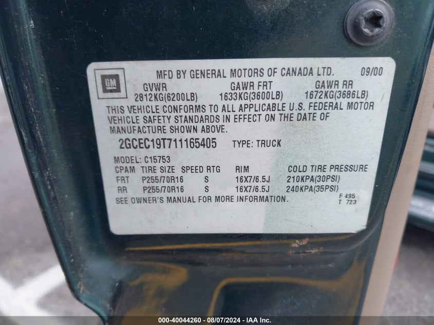 2001 Chevrolet Silverado 1500 Lt VIN: 2GCEC19T711165405 Lot: 40044260