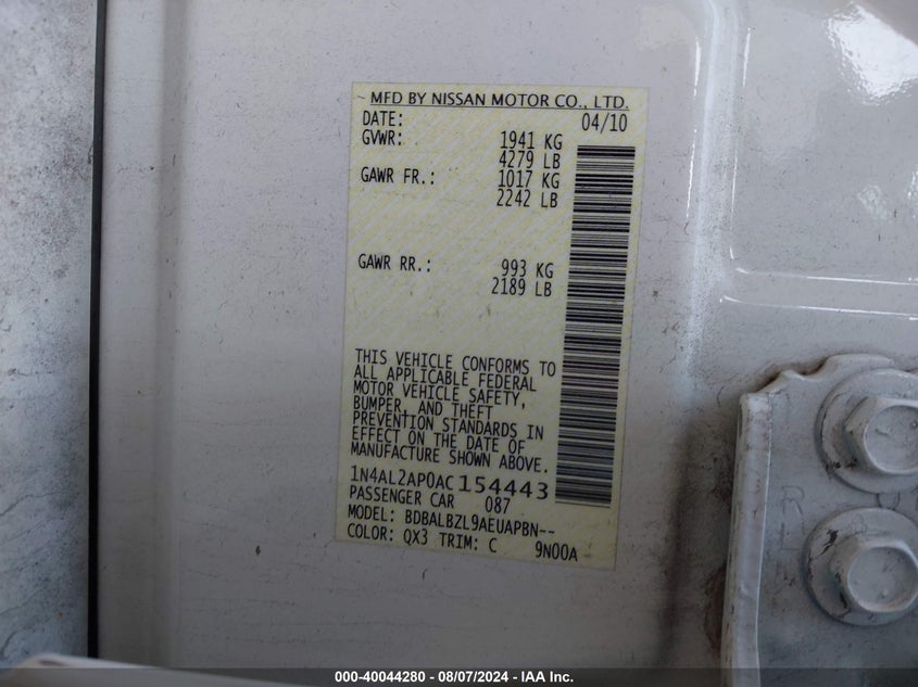 2010 Nissan Altima S VIN: 1N4AL2AP0AC154443 Lot: 40044280