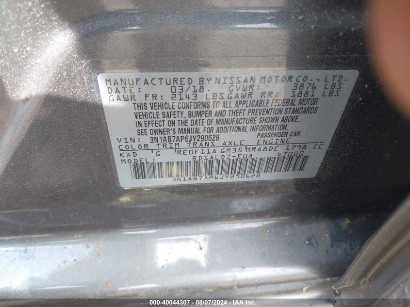 2018 Nissan Sentra Sv VIN: 3N1AB7AP6JY290628 Lot: 40044307