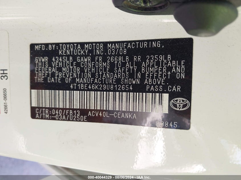2009 Toyota Camry Le VIN: 4T1BE46K29U812654 Lot: 40044329