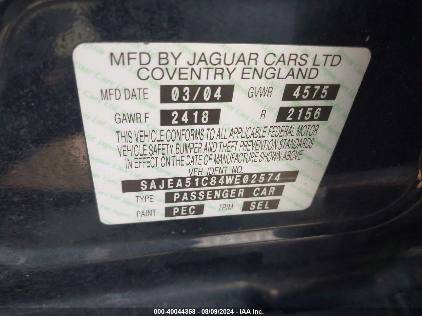 2004 Jaguar X-Type 3.0 VIN: SAJEA51C84WE02574 Lot: 40044358