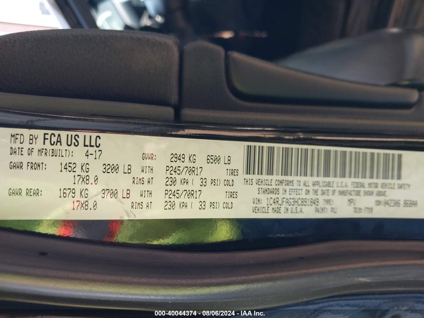 VIN 1C4RJFAG3HC891849 2017 JEEP GRAND CHEROKEE LAREDO 4X4