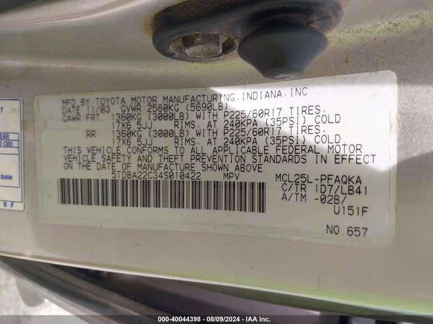 2004 Toyota Sienna Xle Limited VIN: 5TDBA22C34S010422 Lot: 40044398