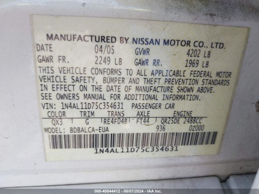 2005 Nissan Altima S/Sl VIN: 1N4AL11D75C354631 Lot: 40044412