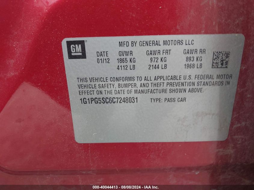 2012 Chevrolet Cruze Lt VIN: 1G1PG5SC6C7248031 Lot: 40044413