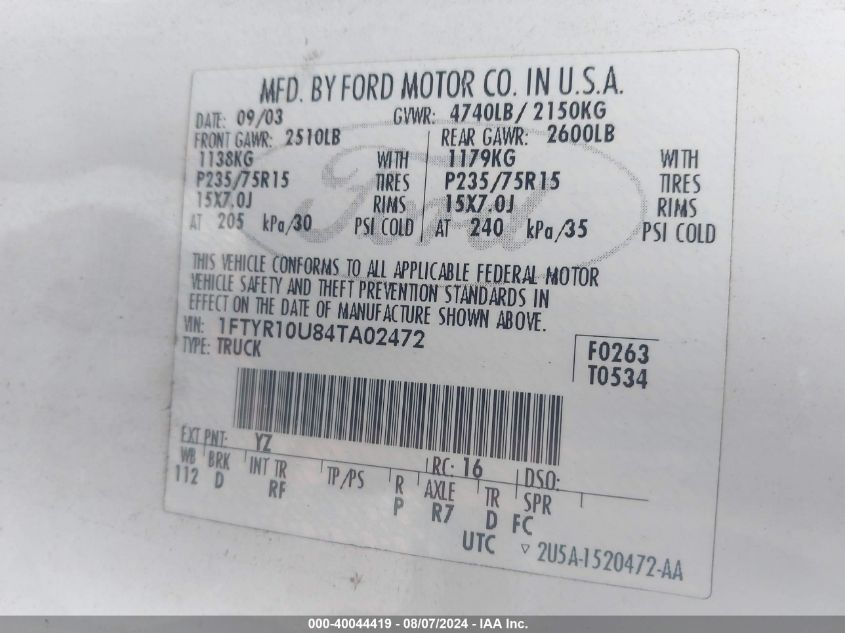 1FTYR10U84TA02472 2004 Ford Ranger Edge/Xl/Xlt