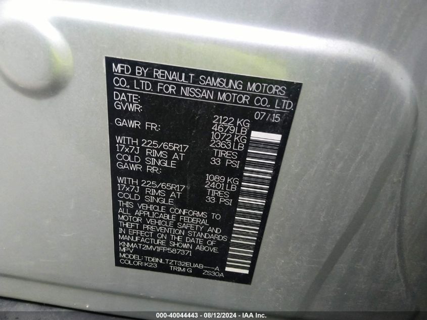 2015 Nissan Rogue Sv VIN: KNMAT2MV1FP587371 Lot: 40044443