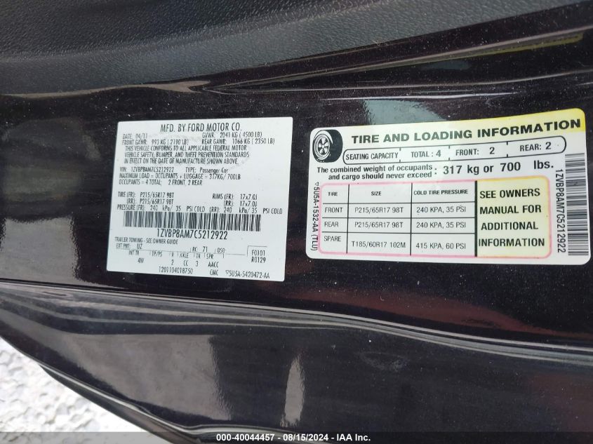 2012 Ford Mustang V6 Premium VIN: 1ZVBP8AM7C5212922 Lot: 40044457