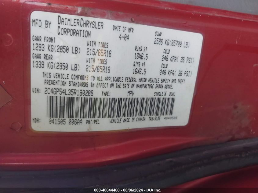 2005 Chrysler Town & Country Touring VIN: 2C4GP54L35R180289 Lot: 40044460